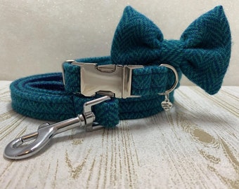 Harris Tweed Fliege Hund Kragen & Blei Set - Aquamarin Fischgrät (Luskentyre)