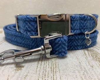 Harris Tweed Hundehalsband & Blei Set - blau Fischgrät (Scarista)