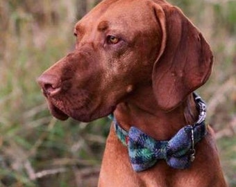 Harris Tweed Bow Tie Dog Collar - Green Check (Grassgreen)