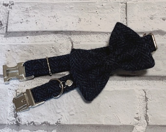 Harris Tweed Fliege Hundehalsband - Marine Fischgrät