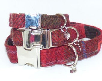 Harris Tweed Dog Collar - Dark Red Check (Blair)