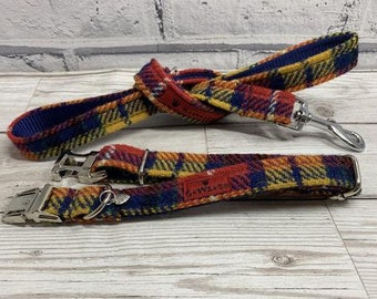 Harris Tweed Hundehalsband & Lead Set - rot/blau/gelb Check (Bute)