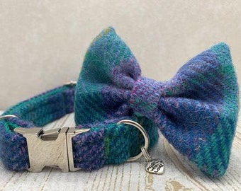 Harris Tweed Fliege Hund Kragen - lila/Jade grün Check (Hebriden)