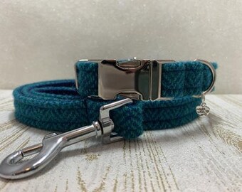 Harris Tweed Hundehalsband & Blei Set - Aquamarin Fischgrät (Luskentyre)