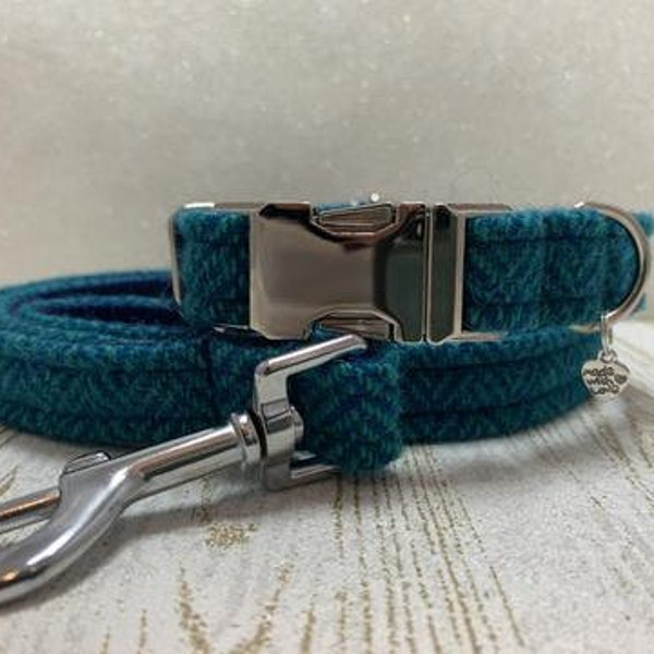 Harris Tweed Dog Collar & Lead Set - Aquamarine Herringbone (Luskentyre)