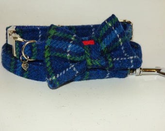 Harris Tweed Fliege Hund Kragen & Lead Set - blau/weiß Check (St Andrews)