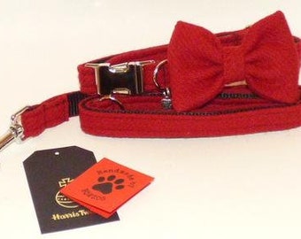 Harris Tweed Fliege Hund Kragen & Blei Set - Cranberry