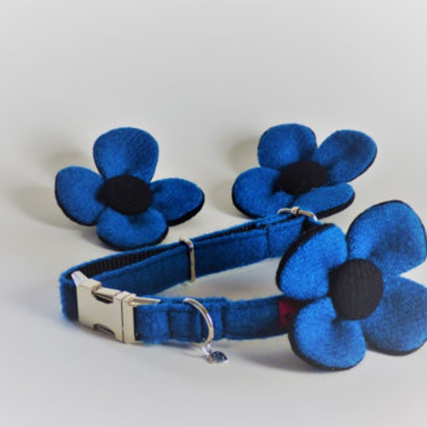 Harris Tweed Flower Dog Collar - Blue (Bonnie)