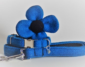 Harris Tweed Flower Hundehalsband & Leine Set - Blau (Bonnie)
