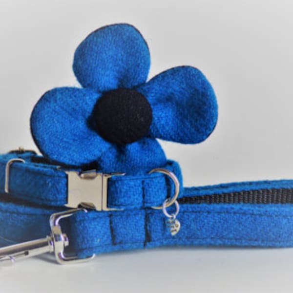 Harris Tweed Flower Dog Collar & Lead Set - Blue (Bonnie)