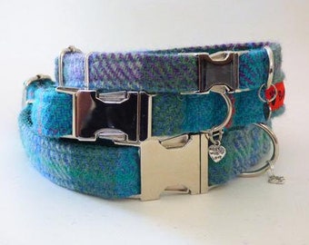 Harris Tweed Dog Collar - Green/Purple Check (Thistle)