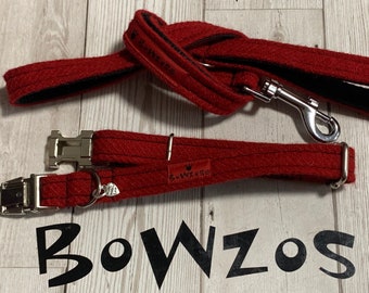 Harris Tweed Hundehalsband & Blei Set - rot (Cranberry)