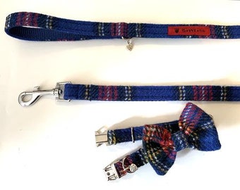 Harris Tweed Bow Tie Dog Collar & Lead Set - Blue Stewart Tartan