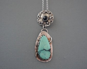 Variscite Pendant with silver disc, black spinel necklace, Oxidized Sterling Chain