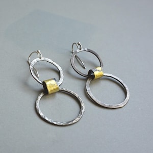 Oxidized Sterling Silver Hoop Earrings: Hammered Rustic Style with Gold