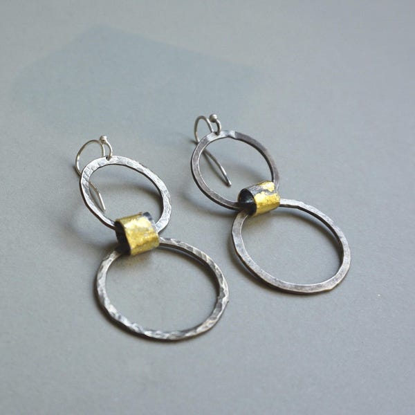 Silver Hoop Earrings with gold: Hammered, Oxidized,  Rustic Style, everyday jewelry