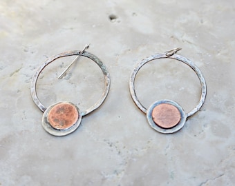 Silver Hoop Earrings with copper and silver disc, Mixed Metal Jewelry, Sterling silver ear wires, Oxidized Metal Jewelry