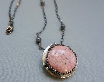 Round Silver Pendant Necklace with rhodochrosite: Wire Wrapped Labradorite Chain, oxidized jewelry