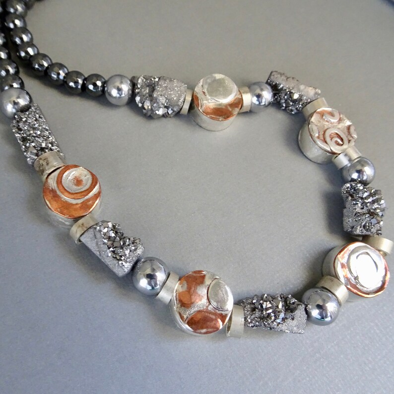 Druzy Choker Gifts for Her Hematite Bead Necklace Mixed Metal Necklace One of a Kind Metal Smith Jewelry Metal Bead Jewelry