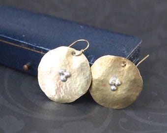 Gold Disc Earrings with Silver Balls, Gold Filled Ear Wire, Simple Hammered Metal Jewelry