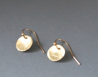 Small Minimalist Gold Disc Earrings, Hammered Brass Dangles, Gold Filled Ear Wires, Gifts for Her BRE1