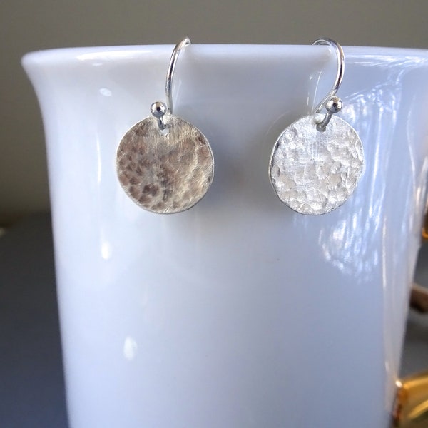 Tiny Silver Disc Earrings, Hammered Modern Jewelry, Handcrafted
