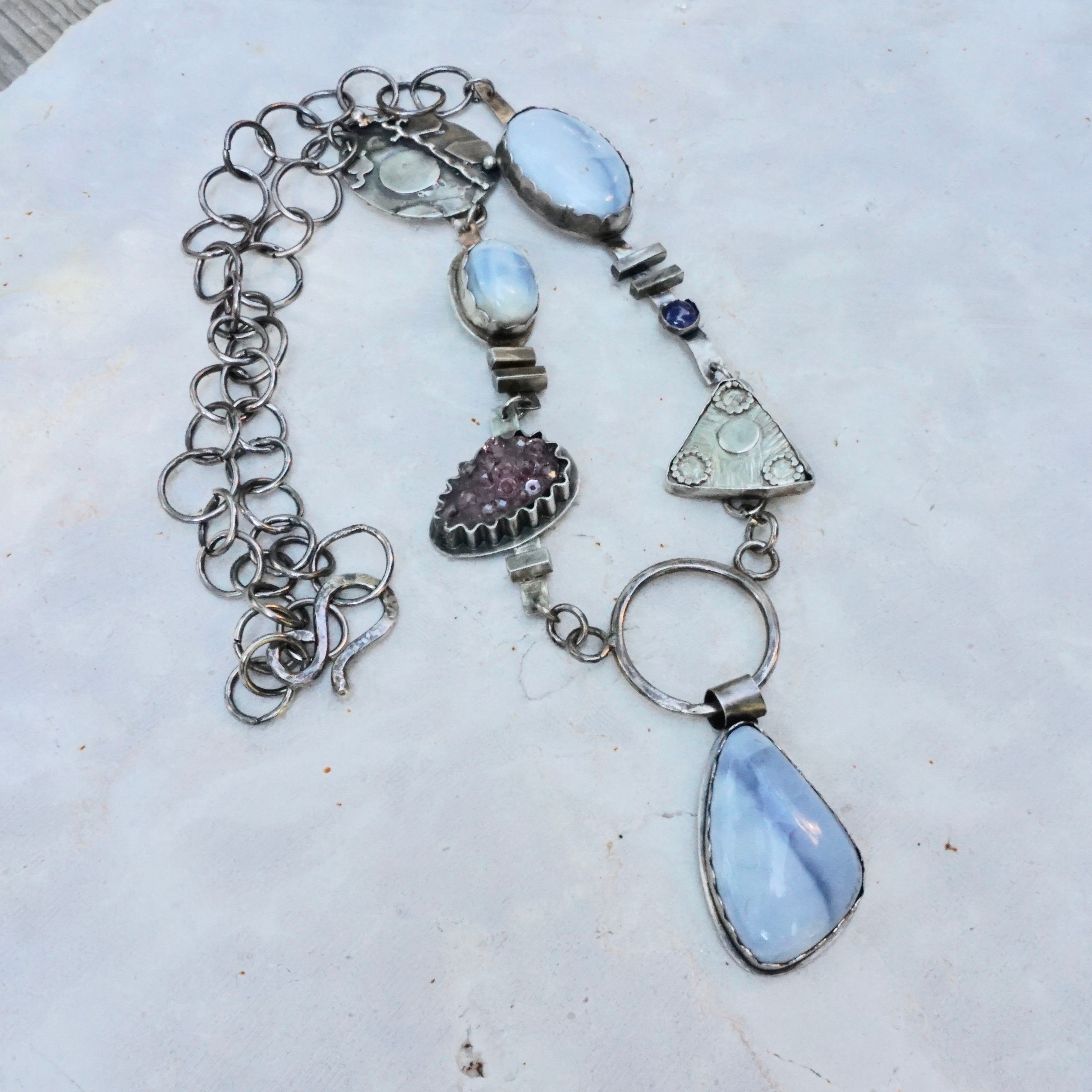 Opal, Pink Sapphire long Silver Necklace: Oxidized Metal, statement jewelry