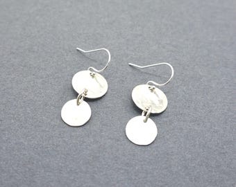 Small Double Disc Earrings: 4/8", 3/8" drops, sterling silver dangles, hammered