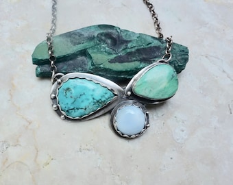 Opal, Turquoise & Chrysocolla Necklace: Handmade Sterling Silver Statement Jewelry