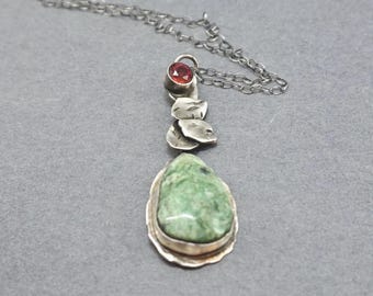 Fire Opal Chrysocolla Silver Pendant Necklace: Oxidized Floral Jewelry