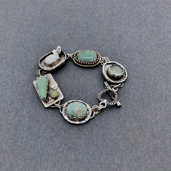 Gemstone Link Bracelet of Turquoise, Opal, Chalcedony,and Variscite, Toggle Clasp, Oxidized Metal Jewelry,