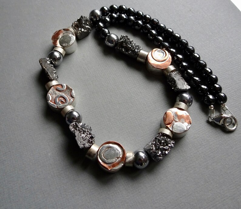 Druzy Choker Gifts for Her Hematite Bead Necklace Mixed Metal Necklace One of a Kind Metal Smith Jewelry Metal Bead Jewelry