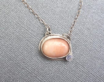 Pink Opal & Blue Zircon Sterling Silver Necklace: Oxidized Pendant