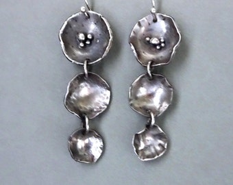 Handcrafted Flower Earrings, Fold formed Oxidized Silver, Gifts for Her, Long Dangles, Metalsmith Jewelry