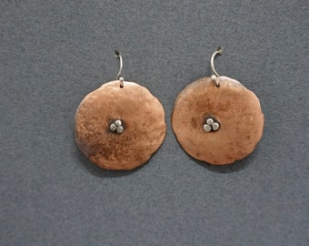 Large Copper Disc Earrings with silver balls, sterling silver ear wires, Oxidized Metal Jewelry