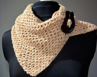 Crocheted  Alpaca  Fawn Colored Short Scarf, Lacey Crocheted Light Tan Cowl