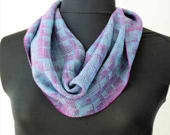 Handwoven Red Raspberry Bamboo and Tencel Loop Scarf, Short Twist Front Burgundy Cowl