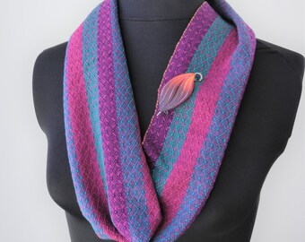 and Artistic Blue Green or Pink Handmade Repurposed Hand Woven Cowl Scarf made from 100% cotton Beautiful Authentic Purple