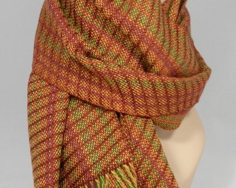 Rustic Handwoven Bamboo and Tencel Scarf in Burgundy, Bronze and Green