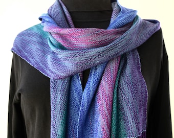 Handwoven Multi-colored Tencel and Bamboo Fringed Scarf, Extra Long Neckwear