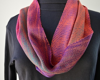 Reversible Soft Handwoven Bamboo and Tencel Cowl, Colorful Accent Circle Scarf