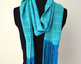 Blue-Green Tencel and Silk Boucle Handwoven Scarf, Mother's Day Gift