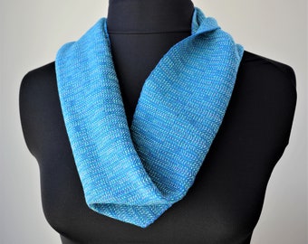 Short Blue Handwoven Fringed Cowl, Bamboo Tencel and Soysilk Loop Scarf