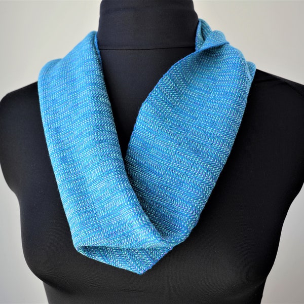 Short Blue Handwoven Fringed Cowl, Bamboo Tencel and Soysilk Loop Scarf