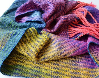 Handwoven Multi-color Fringed Cowl, Long Cotton and Tencel  Loop Scarf