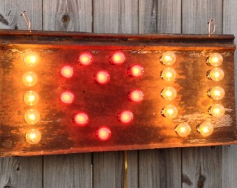 I heart U  lights on rusted tin roofing panel, Red Pearl Heart