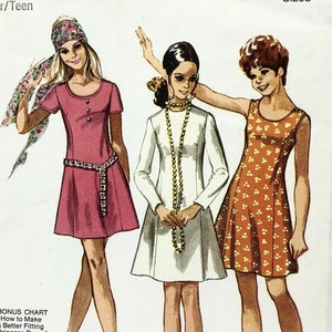 May include: Vintage Simplicity sewing pattern 8885 for young junior teens. The pattern features illustrations of three mini-length dresses. The pattern includes a bonus chart for a better-fitting princess dress. The pattern is size 9/10 with a 30.5-inch bust.