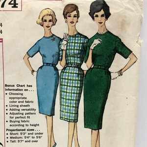 Vintage Early 1960&#39;s Simplicity 3574 Size 14 Basic Dress Pattern Sheath