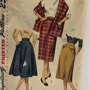 Uncut Vintage 1950&#39;s Simplicity 3659 Misses Straight or Full Skirt with Stole Pattern Size 25 Waist