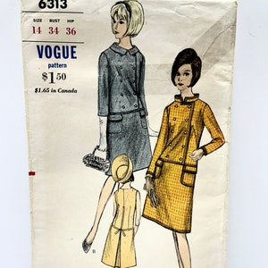 May include: Vintage Vogue sewing pattern number 6313 for a dress and jacket. The pattern is for sizes 14, bust 34 inches, and hip 36 inches. The pattern is illustrated with three women wearing the dress and jacket in different colours.